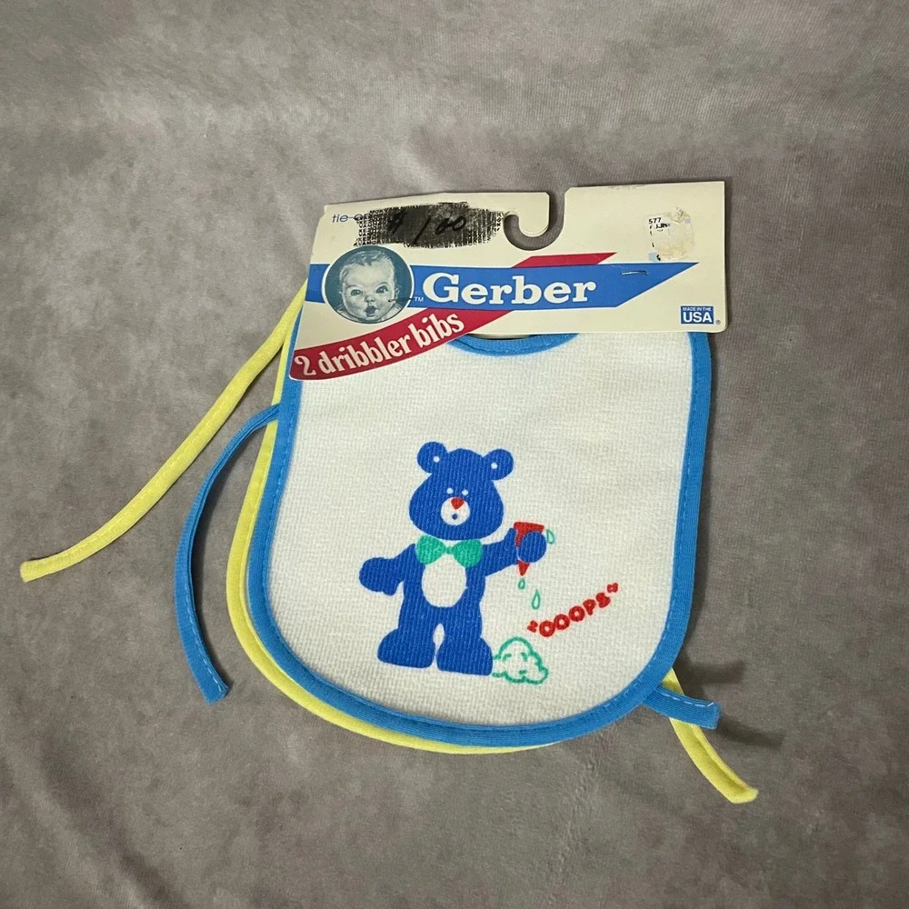 Gerber Dribbler Bibs Kids OS‎ White NEW Vintage 1989 Teddy Bear 2-Pack USA Made